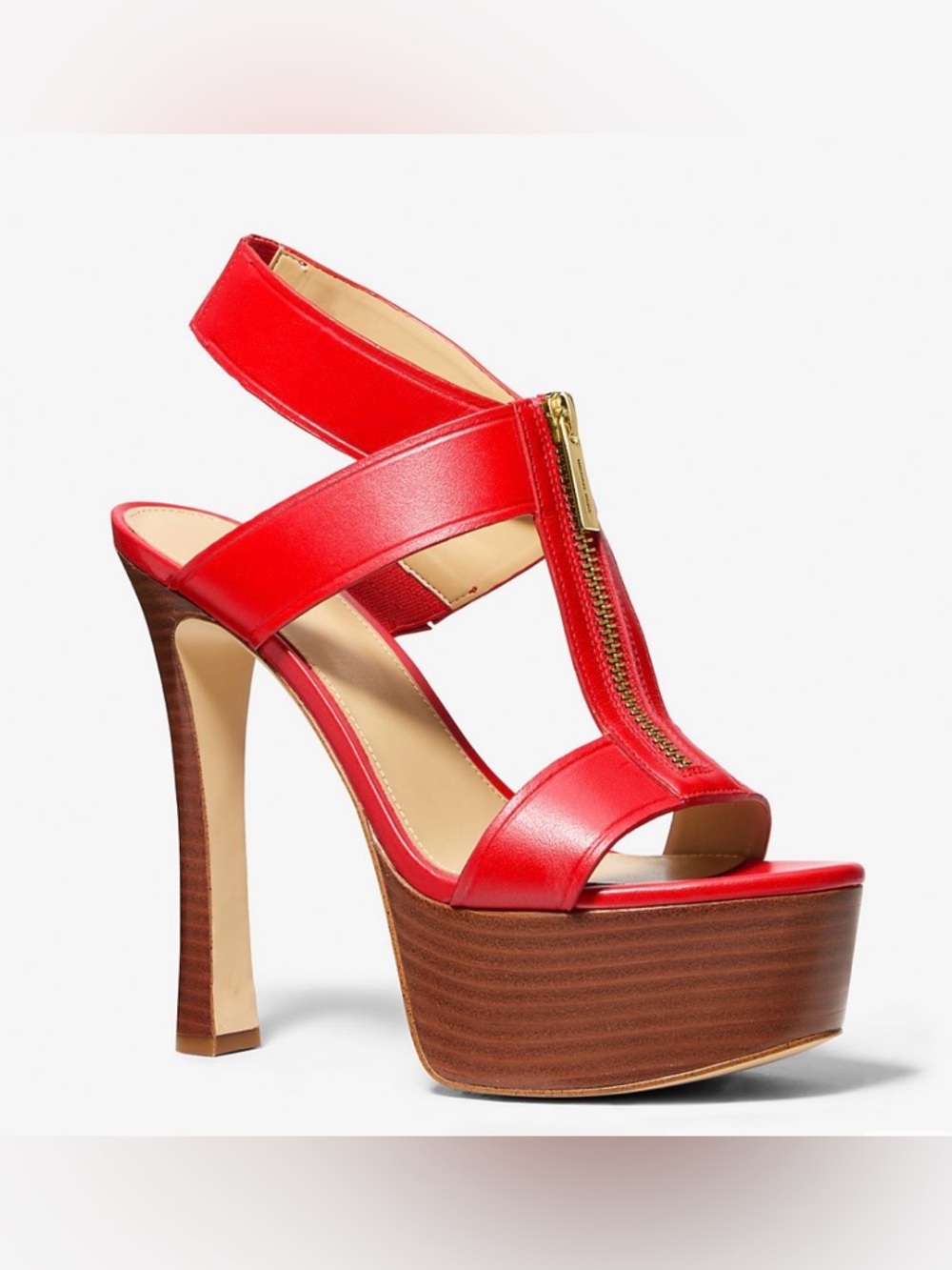 Michael Kors Red Leather Platform Sandals with Gold Zip